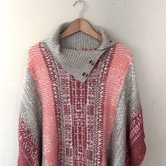 Caslon Jacquard Button Cowl Neck Sweater-Knit Poncho Red Salmon Gray Siz… - Picture 10 of 17